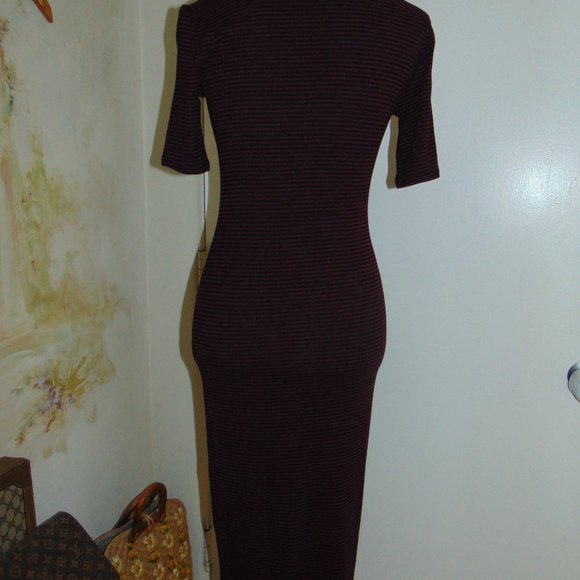 Forever 21 Burgundy Black Striped Knit Sweater Medium Fitted Dress Short Sleeve - Picture 6 of 12